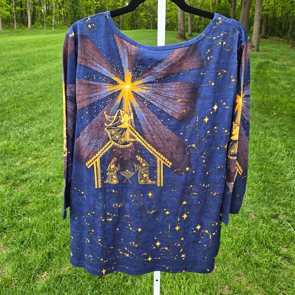 NWOT Collections Etc Top Nativity Stars Navy Long Sleeve Sequins Christmas XL - Picture 3 of 16